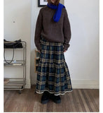 MQTIME  -  Women Vintage Green Plaid Tiered Midi Skirts Elastic High Waist A Line Ruffled Cake Skirt Autumn Casual Preppy Style Long Skirts