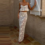 MQTIME  -  Lace embroidery fresh and sweet perspective vacation style set summer casual camisole top and long skirt two-piece set