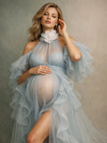 MQTIME  -  Fairy Blue Sheer Tulle Maternity Dress Photoshoot 3D Floral Ruffle Slit Pregnancy Dress платье для беременных