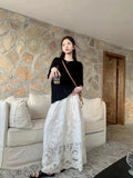 MQTIME  -  French Vintage White Skirt Summer New Heavy Industry Lace Mid length A-line Elastic High Waist Slimming Long Skirts for Women