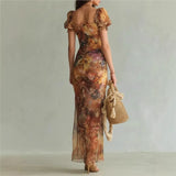 MQTIME  -  Boho Floral Maxi Dress Woman Sexy Square Collar Ruched Split Bodycon Long Dress New Summer Puff Sleeve Ruffle Party Dress