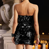 MQTIME  -  New Banquet Solid Color Sequins Short Dress Sexy Sleeveless Glitter Party Sheath Dress Elegant Lady Backless Banquet Mini Dress