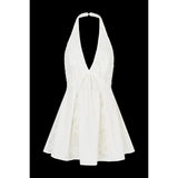 MQTIME  -  Summer Button Halter Deep V-Neck Mini Dress for Women Flower Embroidery Hollow Out Backless Ruffle A-line Short Dress
