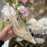 MQTIME  -  Mesh Pearl Toe Sandals Summer New Pointed Toe Stiletto Back Strap Heels