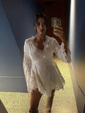 MQTIME  -  Flower Embroidery Hollow Out A-line Dress Women Slim V-neck Long Sleeve High Waist Dresses Elegant Summer Vacation Party Robe