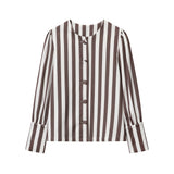 MQTIME  -  Autumn New Female Chic Blouse Women's Loose Fit Striped Print Shirt O-neck Puff Sleeve Single Breasted Simple Casual Top