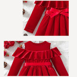 ﻿ MQTIME  -  Christmas Girls Dress Kids with Off-the-Shoulder Design Ruffled Gown Children's Winter Long-Sleeved Vestidos Kids Autumn Clothes