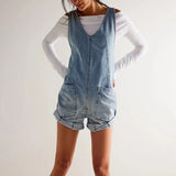 MQTIME  -  Fashion Denim Jumpsuits V Collar Sleeveless Autumn Playsuits Pockets Oversized High Street Rompers Boho Bodysuits