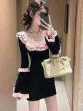 MQTIME  -  Y2K Patchwork Bodycon Dress with Ruffles & Flare Sleeves, Square Collar Slim Waist Vestidos for Women