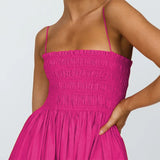 MQTIME  -  Fashion Sleeveless Pleated A-line Long Dress Summer Slash Neck High Waist Dresses Women Beach Spaghetti Strap Cloth