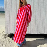 MQTIME  -  Ladies Elegant Party Dress Fashion Striped Printed Long Sleeved Loose Dress Vestidos Autumn Sexy V-neck Holiday Women's Dress