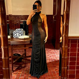MQTIME  -  Ruched Patchwork See Through Mesh A-line Maxi Dress Women Sexy Halter Backless Bodycon Night Clubwear Party Long Robe Beachwear