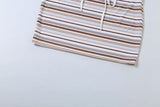 MQTIME  -  Striped Print Vintage Ribbed 2 Piece Set Women Sexy Turn Down Collar V-neck Short Sleeve T-shirts Tops + Drawstring Mini Skirts