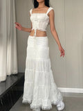 MQTIME  -  White Long Skirts High Waist Drawstring Casual Cake Skirt for Women Vintage Lace Patchwork Loose Folded Ladies Clothing