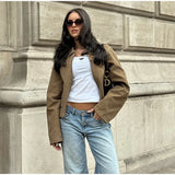 MQTIME  -  Chic Suede Short Jacket Woman Lapel Zipper Pocket Long Sleeves Solid Coats 2025 Autumn Casual Streetwear Lady New In Jackets