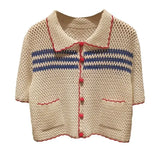 MQTIME  -  Elegant Hollow out Knitwear Polo Collar Short Style Summer New Arrival Women's Fashion Light Weight Polyester Fiber Top