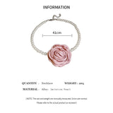 Mqtime Romantic Pink Rose Flower Necklace Bracelet Jewelry Set Elegant Imitation Pearl Chain Choker Necklaces Bangles For Party Wedding