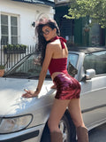  MQTIME  -  Trend Sequins Patchwork 2-Piece Set Women Appliques Halter Lace-Up Bodysuit+Peach Hip Skirt Hipster Skinny Clubwear
