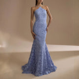 MQTIME  -  Party Dresses For Woman Sexy Halter Neck Backless Lace Fishtail Evening Dress Solid Color Sleeveless Slim Vestidos Elegant Robe