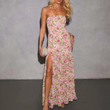 MQTIME  -  Bohemian Off Shoulder High Waist Long Dress Elegant Strapless Split Holiday Dress Fashion Floral Print Folds Women's Party Dress