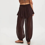 MQTIME  -  Women's Long Bloomers Layered Skirted Pants with Belt Tied Sheer Balloom Mid Rise Sheer Slips Bubble Culottes Bottoms
