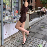 MQTIME  -  Women Asymmetric Off Shoulder Slim Mini Dress Long Sleeve Ruched Autumn Vintage Solid Knit Bodycon Party Bag Hip Short Dress New