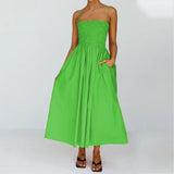 MQTIME  -  Fashion Sleeveless Pleated A-line Long Dress Summer Slash Neck High Waist Dresses Women Beach Spaghetti Strap Cloth