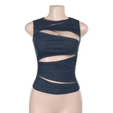MQTIME  -  Casual Denim Crop Top Women Slim Hollow Out O-neck Vest Female Sleeveless Summer Stylish Tops Lady High Street Cool Club Party