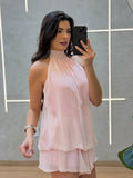 MQTIME  -  Elegant Pink Halter Dress Women Fashion Sleeveless Backless Layered Ruffle Loose Dresses  Summer Lady Beach Vacation Robes