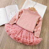 MQTIME  -  2025 Spring New Girls Clothing Set Prom Knit Pullover And Ball Gown Skirt 2 Pcs Knitwear Kids Outfit