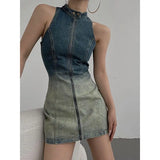 MQTIME  -  Vintage Blue Gradient Denim Dress Sleeveless Zipper Streetwear Bodycon Dress for Women American Retro Girls Summer Dress