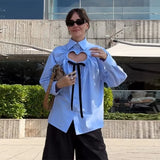 MQTIME  -  Loose Heart Bow Lace-up Blouses Spring New Female Contrast Lapel Single-breasted Full Sleeve Shirt Women's High Street Tops