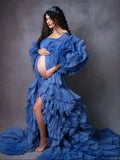 ﻿ MQTIME  -  Blue Maternity Dress for Photography Off Shoulder Full Sleeve Slit Pregnancy Photshoot Ruffled Tiered Babyshower Gown
