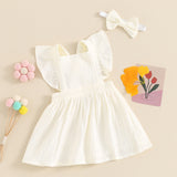 MQTIME  -  0-3Y Toddler Baby Girls Summer Casual Dress Ruffles Flying Sleeve Square Neck Solid A-line Dress with Headband