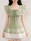  MQTIME  -  Vintage Japanese Square Collar Short Sleeve Solid Lace Patchwork Bow Women Blouse