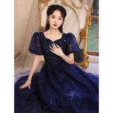 MQTIME  -  Luxury Sequin Blue Evening Dress for Women Annual Conference Hosting Ball Gown Puff Sleeve Sqare Collar Banquet Princess Dresses