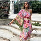 MQTIME  -  Vintage Print Tassel Long Dress Women Elegant One Shoulder Slash Neck Hollow Out Female Dresess 2024 Summer Lady Holiday Robe