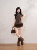  MQTIME  -  Vintage Preppy Stand Neck Short Sleeve Single Breasted Plaid Y2k Women Shirt
