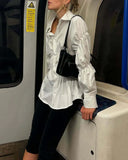 MQTIME  -  Casual Striped Shirt Women Korean Single Breasted Elastic And Pleated Blouse Spring 2025 New Turndown Collar Long Sleeves Shirts