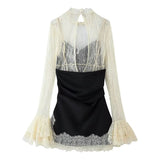 MQTIME  -  French Elegant Sexy Women Lace Patchwork Mini Dress Contrast Slim Long Sleeve Dresses Fashion High Street Lady Chic Dress