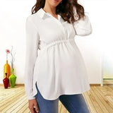 Mqtime Spring Summer Women's Fashionable Solid Color V-neck Comfortable Long-sleeved High-waisted Casual Breathable Pregnant Shirt