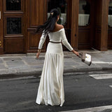 MQTIME  -  Slash Neck Solid Women Dresses Split Pleated A Line Female Long Dress 2024 Elegant Fashion High Waist Slim Party Lady Vestidos
