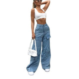 Mqtime Jeans women New large pocket baggy wide-leg pants Washed blue denim pants Vintage high-waisted street fashion cargo jeans