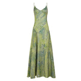 MQTIME  -  Temperament V Neck Spaghetti Strap Sleeveless Low Waist Vintage Vacation Long Women's Dress