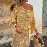 MQTIME  -  New Hollow Out Knitted O Neck Sunscreen Tops Casual Solid Color Long Sleeve Loose Pullovers Spring Summer New See-through Blouse