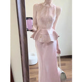 MQTIME  -  Elegant Temperament Luxury O Neck Sleeve Slim Waist Pleated Edge Shirts Y2k Satin Solid Long Skirts Korean All Match Clothes