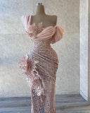  MQTIME  -  Luxury Dubai Arabia Prom Dresses Sexy One Shoulder High Split Evening Gowns Ruched Sweep Train Custom Made Party Formal Wear