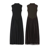 MQTIME  -  Women Mesh Splice Long Dresses Spring Summer Female Chic French Elegant Stand Collar Zip Sleeveless Vest Dress Lady Party Dress