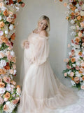 MQTIME  -  Modest Tulle Prom Dresses Off Shoulder Long Maternity Dress for Photoshoot Babyshower Pregnancy Simple Ruched Customized Robes