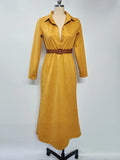 MQTIME  -  Women Turn-Down Collar Slim Party Dresses 2025 Spring Autumn Long Sleeve Chic Maxi Dress Suede Temperament Ladies Robes Vestidos
